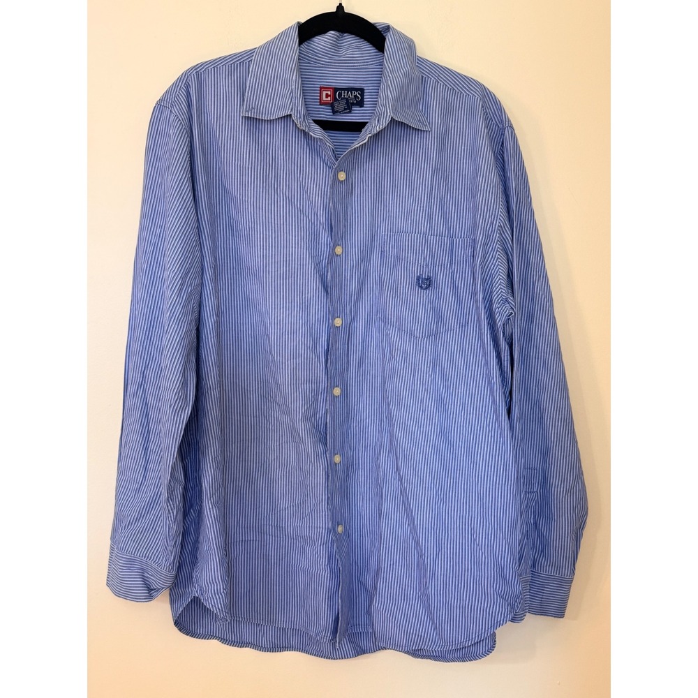 Chaps Mens Large Blue White Striped Long Sleeve Button Down Cotton Shirt L